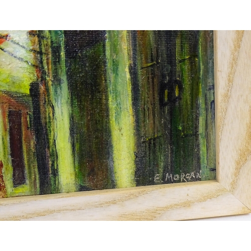 319 - E. Morgan, 20th century, Oil on board, An abstract street scene. Signed lower right. Approx. 15