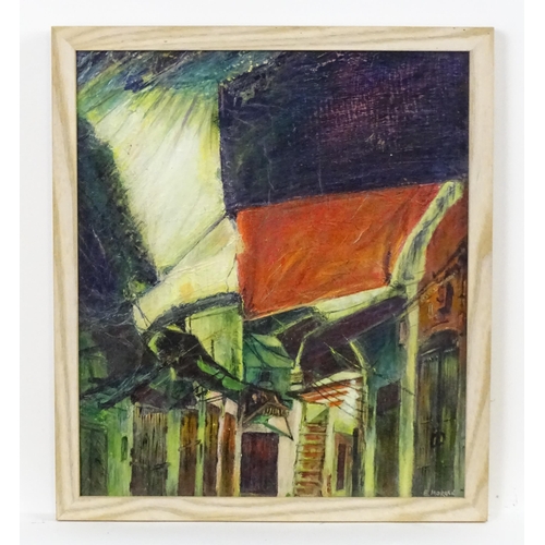 319 - E. Morgan, 20th century, Oil on board, An abstract street scene. Signed lower right. Approx. 15