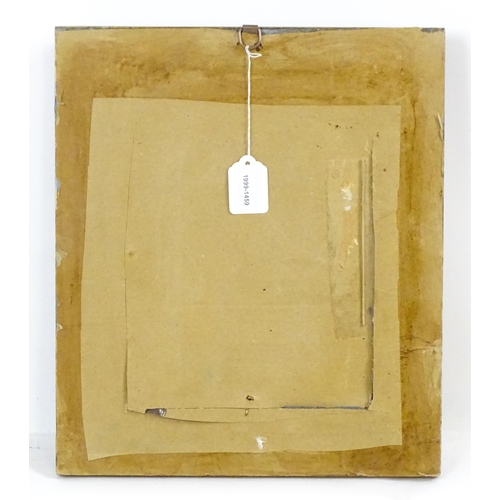 335 - A 19thC needlework embroidery on silk depicting young woman gathering wheat. Approx. 7 3/4