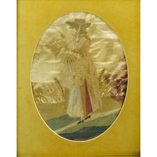335 - A 19thC needlework embroidery on silk depicting young woman gathering wheat. Approx. 7 3/4