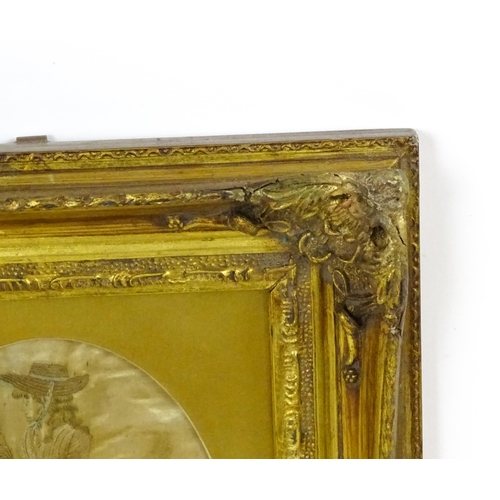 335 - A 19thC needlework embroidery on silk depicting young woman gathering wheat. Approx. 7 3/4