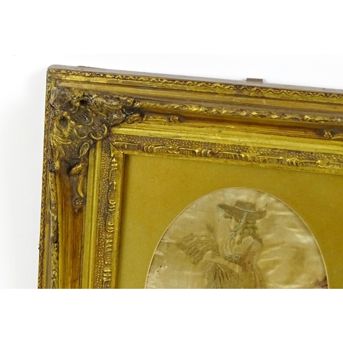 335 - A 19thC needlework embroidery on silk depicting young woman gathering wheat. Approx. 7 3/4