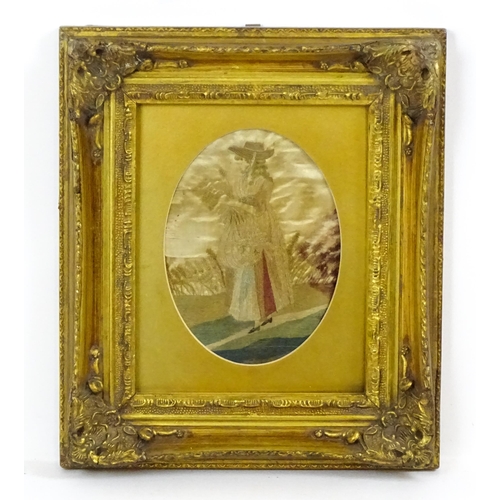 335 - A 19thC needlework embroidery on silk depicting young woman gathering wheat. Approx. 7 3/4