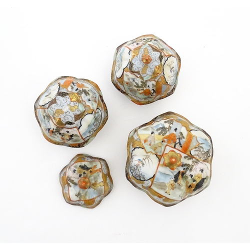 336 - Three Japanese pots and covers decorated in the Satsuma palette with figures, Mount Fuji landscapes,... 