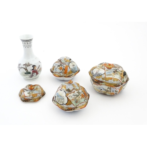 336 - Three Japanese pots and covers decorated in the Satsuma palette with figures, Mount Fuji landscapes,... 