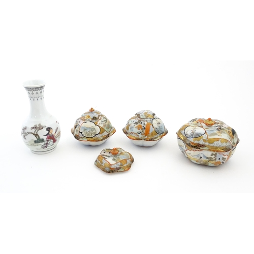 336 - Three Japanese pots and covers decorated in the Satsuma palette with figures, Mount Fuji landscapes,... 