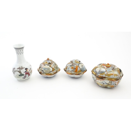 336 - Three Japanese pots and covers decorated in the Satsuma palette with figures, Mount Fuji landscapes,... 