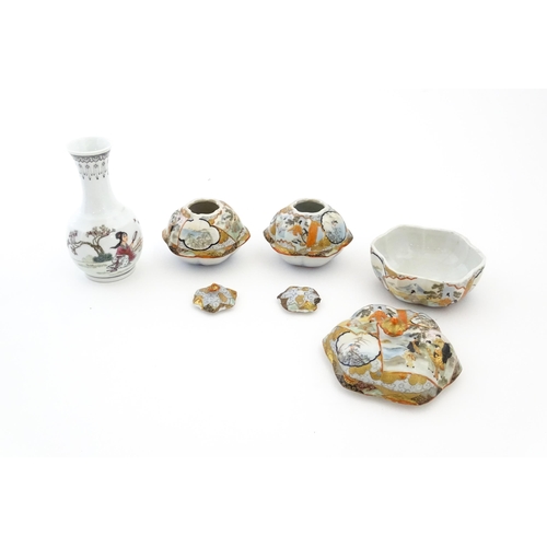 336 - Three Japanese pots and covers decorated in the Satsuma palette with figures, Mount Fuji landscapes,... 