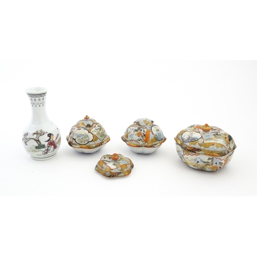 336 - Three Japanese pots and covers decorated in the Satsuma palette with figures, Mount Fuji landscapes,... 