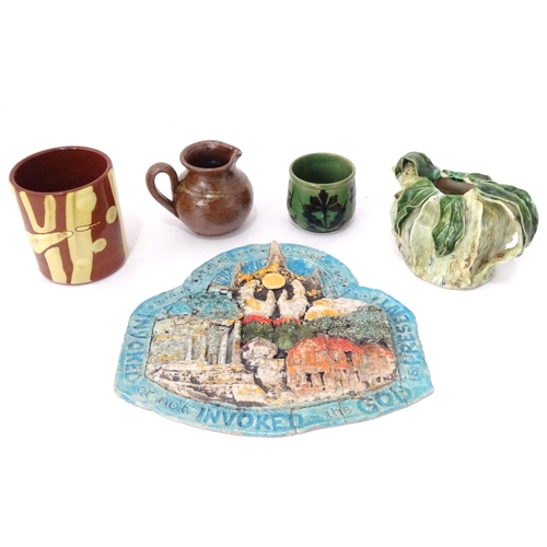 345 - A quantity of studio pottery wares to include a vase / beaker of cylindrical form with slip decorati... 
