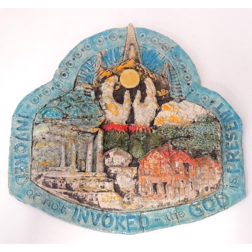 345 - A quantity of studio pottery wares to include a vase / beaker of cylindrical form with slip decorati... 