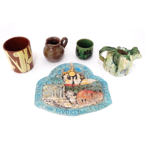 345 - A quantity of studio pottery wares to include a vase / beaker of cylindrical form with slip decorati... 