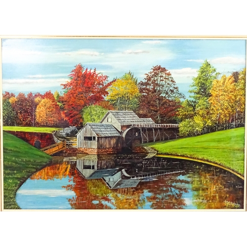351 - H. G. Wright, 20th century, American School, Oil on board, An autumn landscape with a watermill. Sig... 