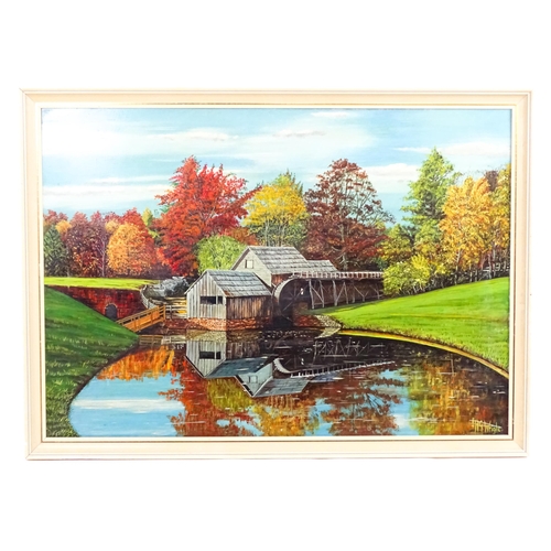 351 - H. G. Wright, 20th century, American School, Oil on board, An autumn landscape with a watermill. Sig... 