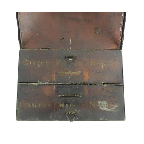 363 - A Victorian tole peinte spice box opening to reveal twin hinged lids each concealing three sections,... 