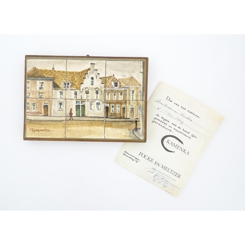 378 - A Dutch hand painted tableau comprising six tiles depicting a street scene with a figure, signed Kam... 