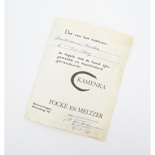 378 - A Dutch hand painted tableau comprising six tiles depicting a street scene with a figure, signed Kam... 