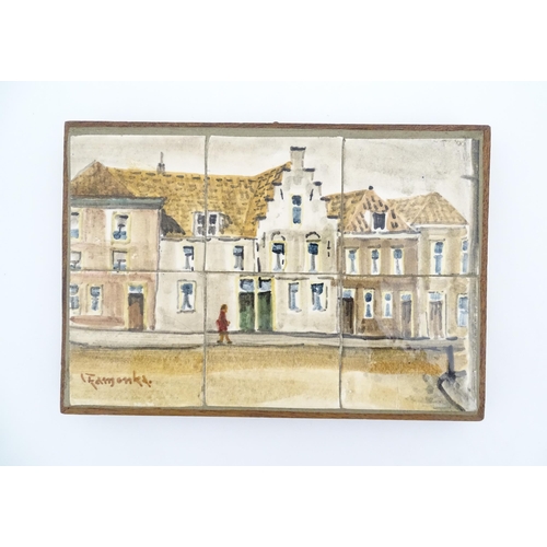 378 - A Dutch hand painted tableau comprising six tiles depicting a street scene with a figure, signed Kam... 