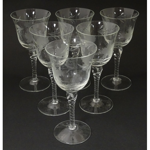 387 - A 20thC glass decanter with etched fruiting detail. Together with six matching drinking glasses. Dec... 