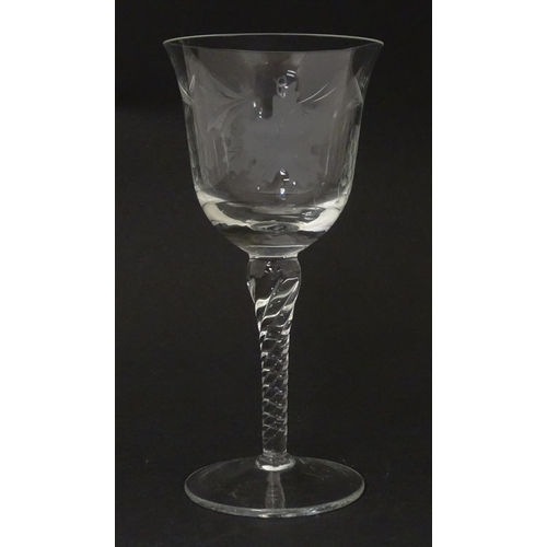 387 - A 20thC glass decanter with etched fruiting detail. Together with six matching drinking glasses. Dec... 