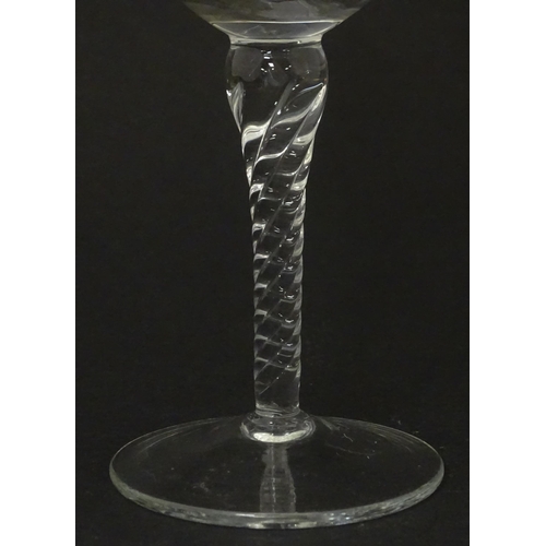 387 - A 20thC glass decanter with etched fruiting detail. Together with six matching drinking glasses. Dec... 