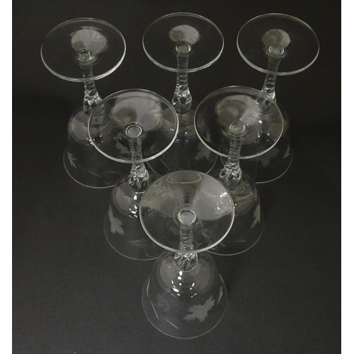 387 - A 20thC glass decanter with etched fruiting detail. Together with six matching drinking glasses. Dec... 