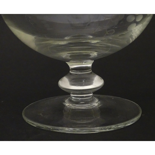 387 - A 20thC glass decanter with etched fruiting detail. Together with six matching drinking glasses. Dec... 