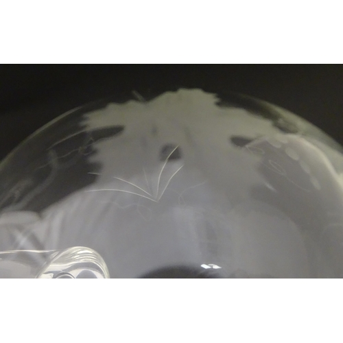 387 - A 20thC glass decanter with etched fruiting detail. Together with six matching drinking glasses. Dec... 