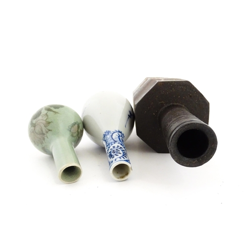 389 - A Japanese studio pottery vase with octagonal body, elongated neck and brushwork detail. Together wi... 