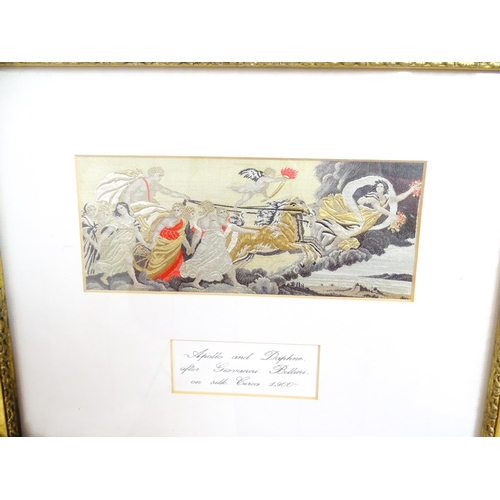 394 - An early 20thC stevengraph woven on silk titled Phoebus & Aurora. Together with a print after Hendri... 