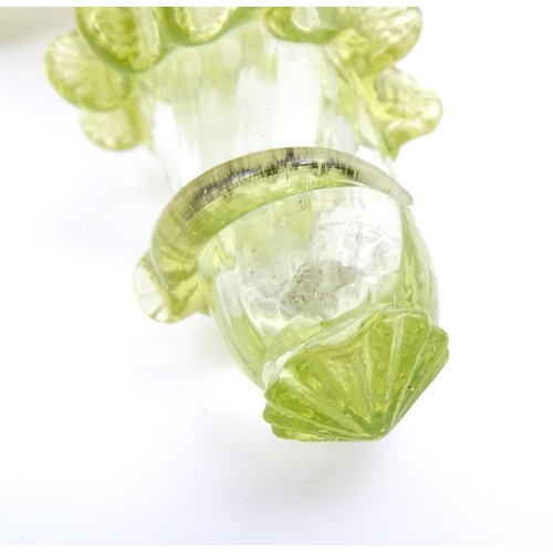 403 - Two vaseline glass hanging epergne baskets together with an Art glass vase approx 4