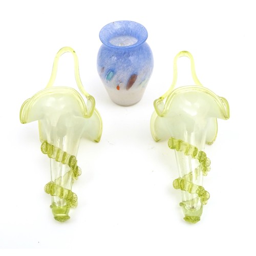 403 - Two vaseline glass hanging epergne baskets together with an Art glass vase approx 4