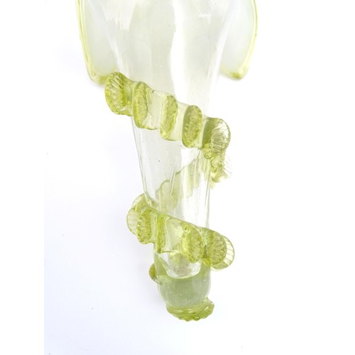 403 - Two vaseline glass hanging epergne baskets together with an Art glass vase approx 4