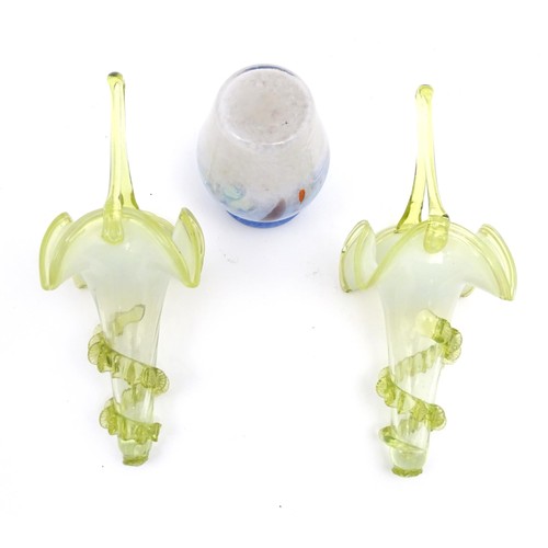 403 - Two vaseline glass hanging epergne baskets together with an Art glass vase approx 4