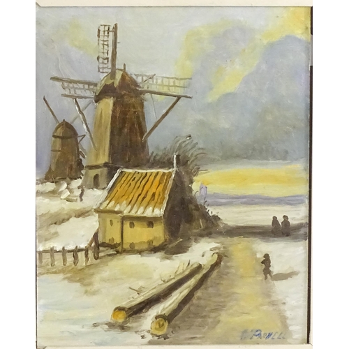 607 - Parnell, Continental School, 20th century, Oil on board, A winter landscape with windmills and figur... 
