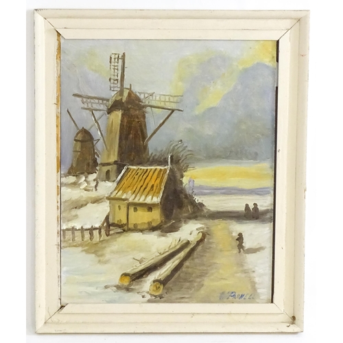 607 - Parnell, Continental School, 20th century, Oil on board, A winter landscape with windmills and figur... 