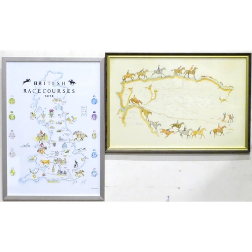 608 - Two prints comprising a map of British Racecourses after James Armstrong, and a hunting print depict... 