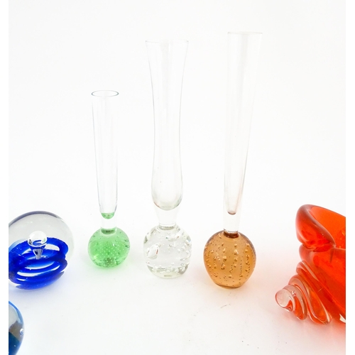 618 - A quantity of assorted art glass paperweights and vases, to include bud vases and a Murano style gla... 