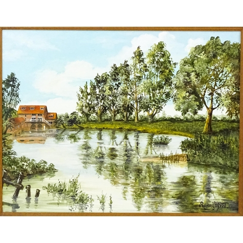 633 - Audrey Foskett, 20th century, Oil on canvas, A river lined by a row of trees with building beyond. S... 