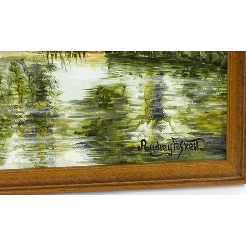 633 - Audrey Foskett, 20th century, Oil on canvas, A river lined by a row of trees with building beyond. S... 