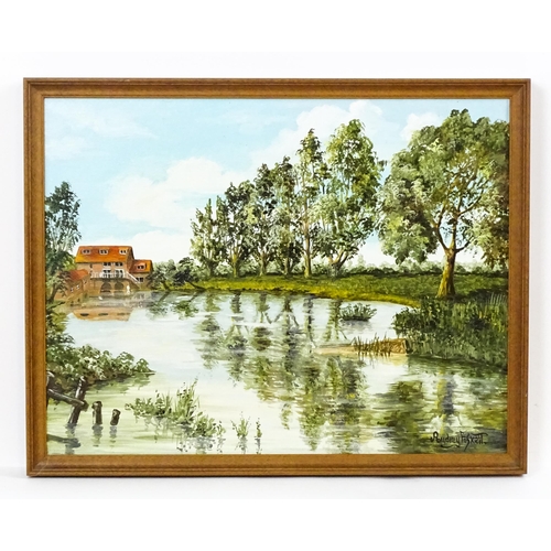 633 - Audrey Foskett, 20th century, Oil on canvas, A river lined by a row of trees with building beyond. S... 