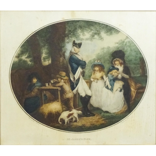 634 - F. Soiron, after George Morland, Engraving, St James Park, titled under. Approx. 14 1/2