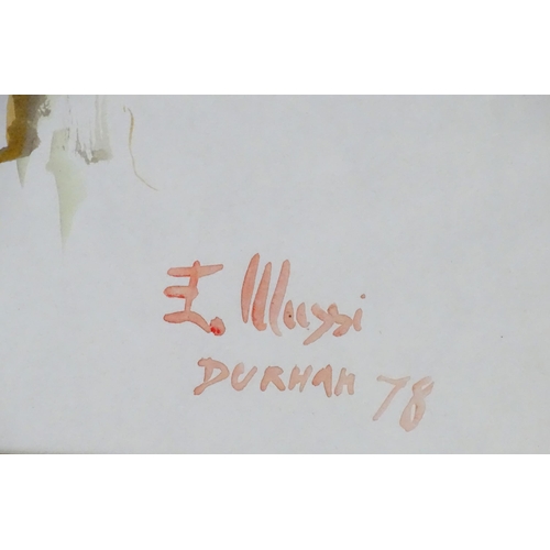 642 - A 20th century mixed media study of three trees. Signed E. Mussi, dated '78 and titled Durham lower ... 