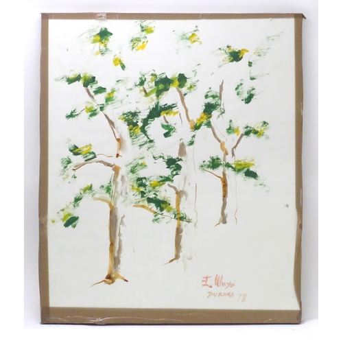 642 - A 20th century mixed media study of three trees. Signed E. Mussi, dated '78 and titled Durham lower ... 
