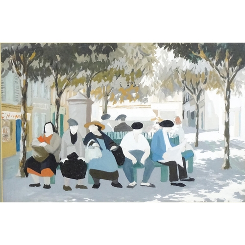 646 - 20th century, Watercolour and gouache, A Continental street scene with figures resting on a bench un... 