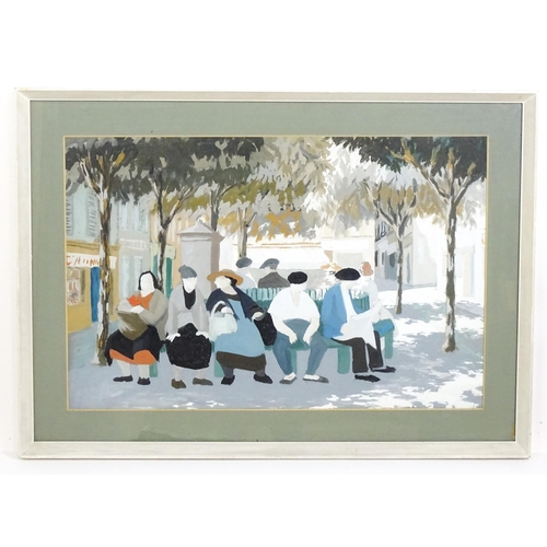 646 - 20th century, Watercolour and gouache, A Continental street scene with figures resting on a bench un... 
