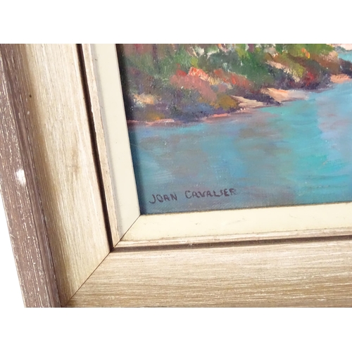 650 - Joan Cavalier, 20th century, Oil on canvas, A lake scene bordered by pine trees. Signed lower left. ... 