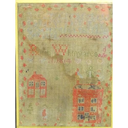 665 - An early 19thC sampler embroidered with a houses, figures, flowers, and hearts, by Ruth Whinyates, 1... 