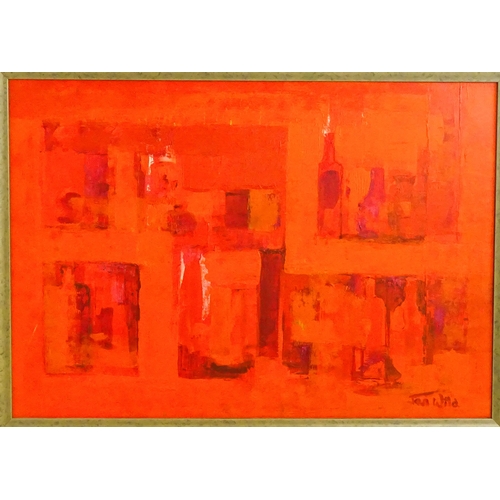 667 - Jan Wild, 20th century, Acrylic on board, Still Life in Red, Abstract. Signed lower right and titled... 