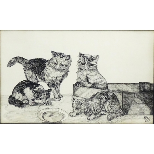 690 - H. Jones, 20th century, Pen and ink, A study of four cats watching a wasp in a dish. Signed and date... 